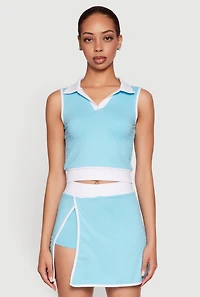 Womens Contrast Trim Sleeveless Polo Shirt, Blue,