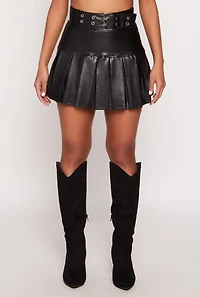 Womens Faux Leather Belted Pleated Skort,