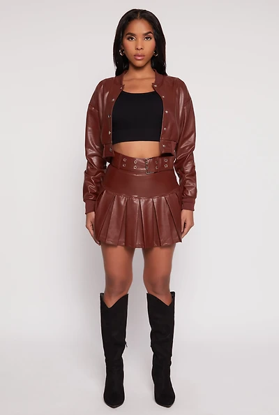 Womens Faux Leather Belted Pleated Skort, Brown, Size M