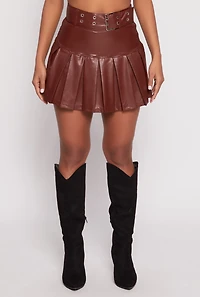 Womens Faux Leather Belted Pleated Skort, Brown, Size M