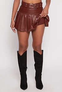 Womens Faux Leather Belted Pleated Skort, Brown, Size M