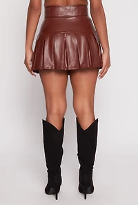 Womens Faux Leather Belted Pleated Skort, Brown, Size M