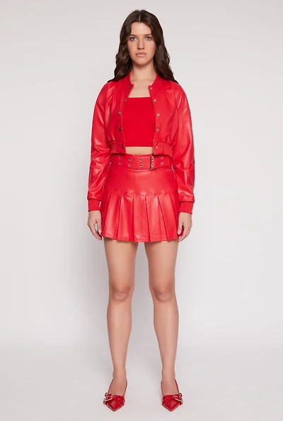 Womens Faux Leather Belted Pleated Skort, Red, Size M