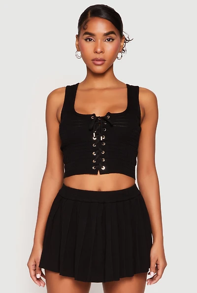 Womens Textured Knit Pointelle Lace Up Crop Top,