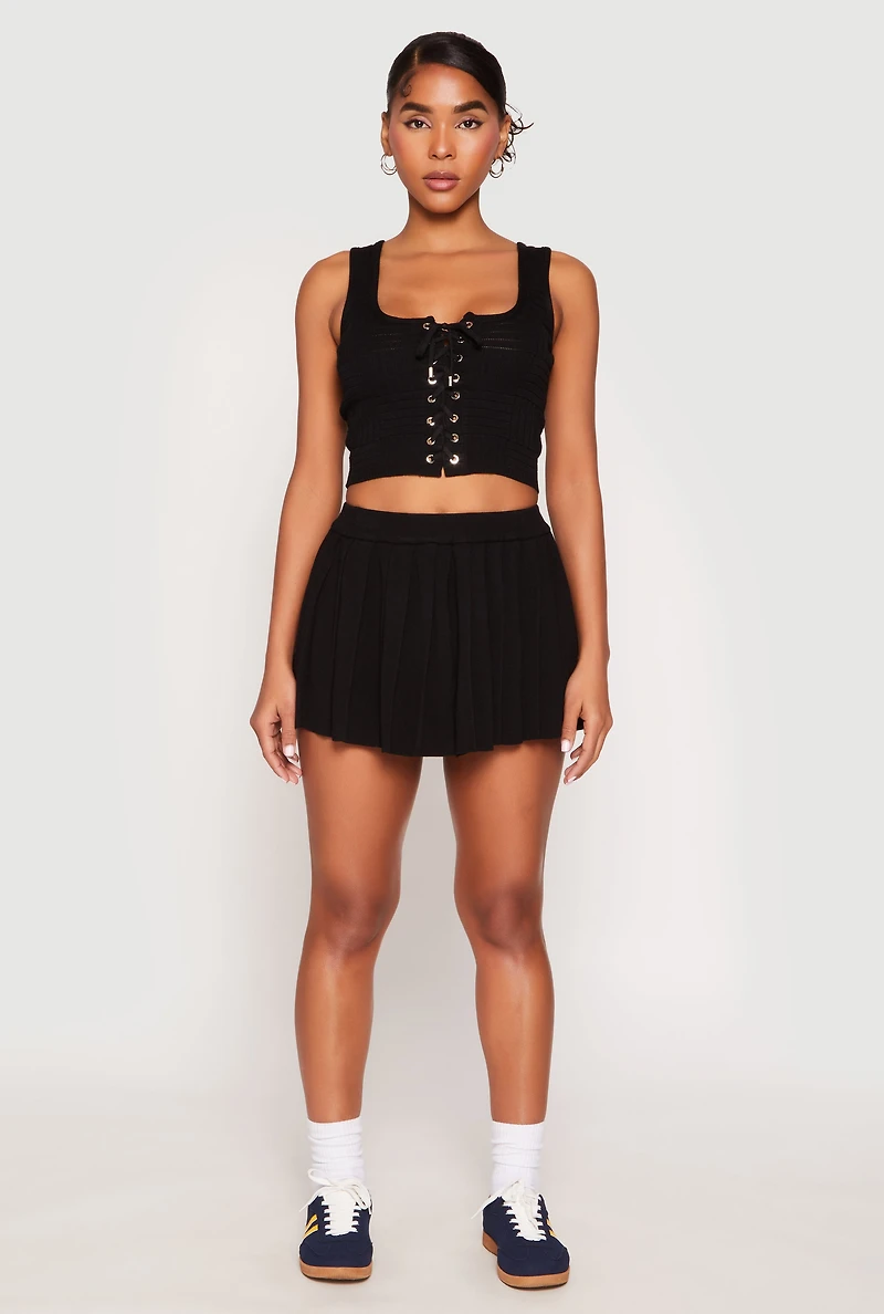 Womens Textured Knit Pointelle Lace Up Crop Top,