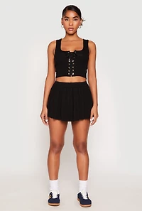 Womens Textured Knit Pointelle Lace Up Crop Top,