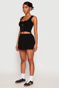 Womens Textured Knit Pointelle Lace Up Crop Top,