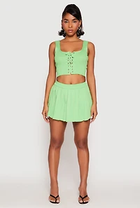 Womens Textured Knit Pointelle Lace Up Crop Top,