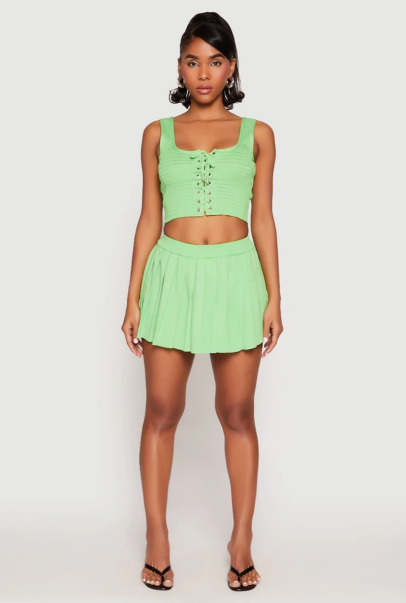 Womens Textured Knit Pointelle Lace Up Crop Top, Green,