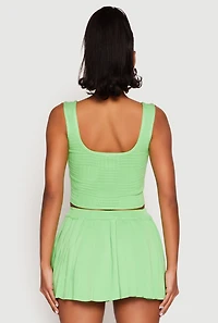 Womens Textured Knit Pointelle Lace Up Crop Top,