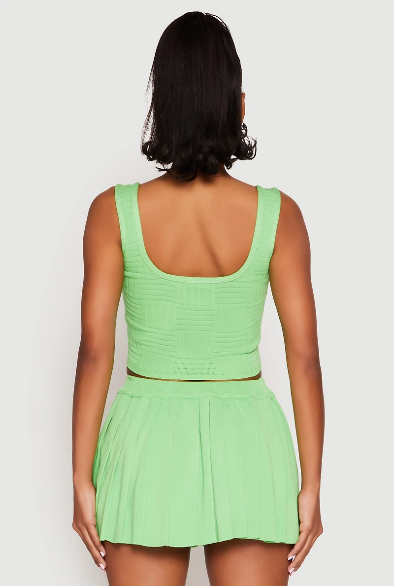 Womens Textured Knit Pointelle Lace Up Crop Top, Green,