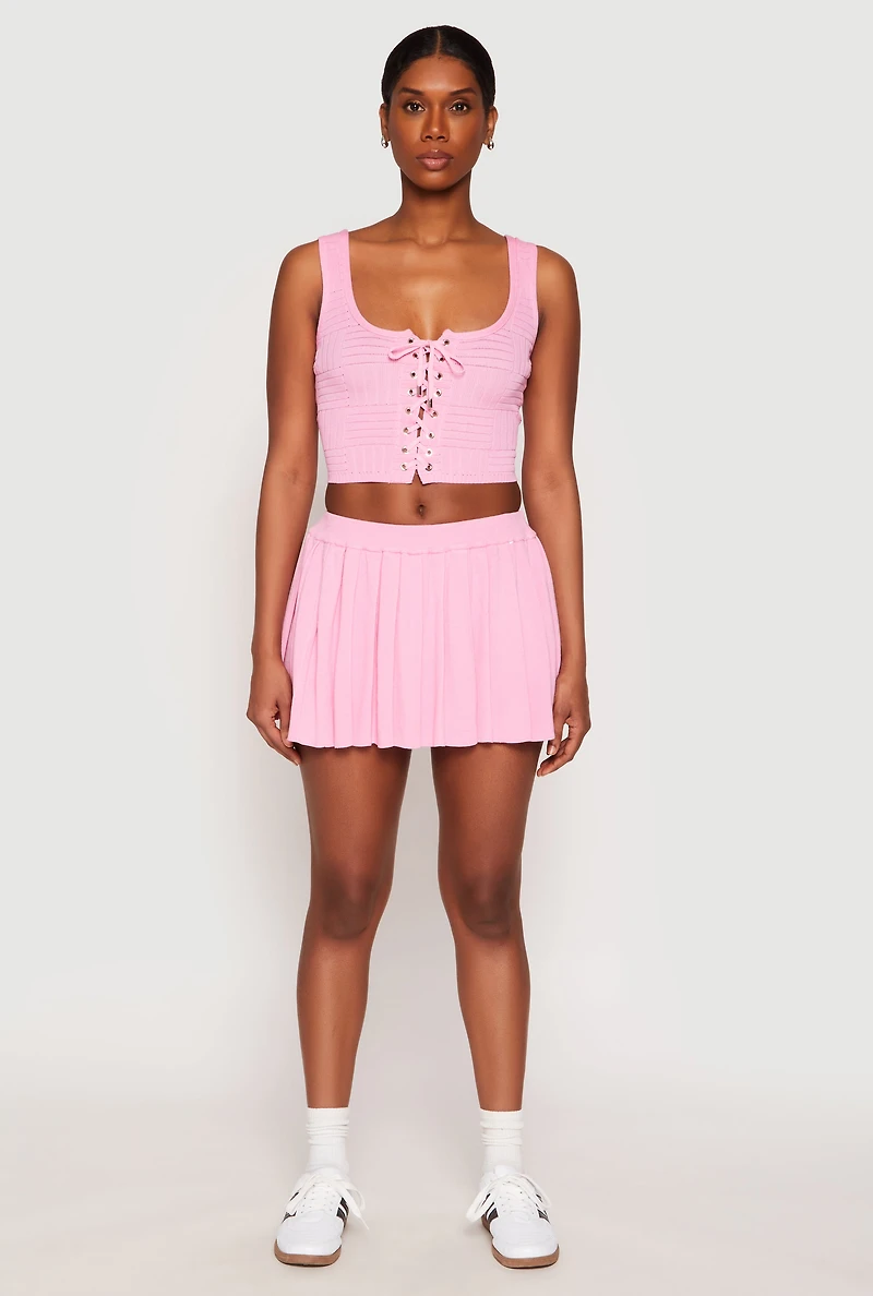 Womens Textured Knit Pointelle Lace Up Crop Top, Pink, Size M