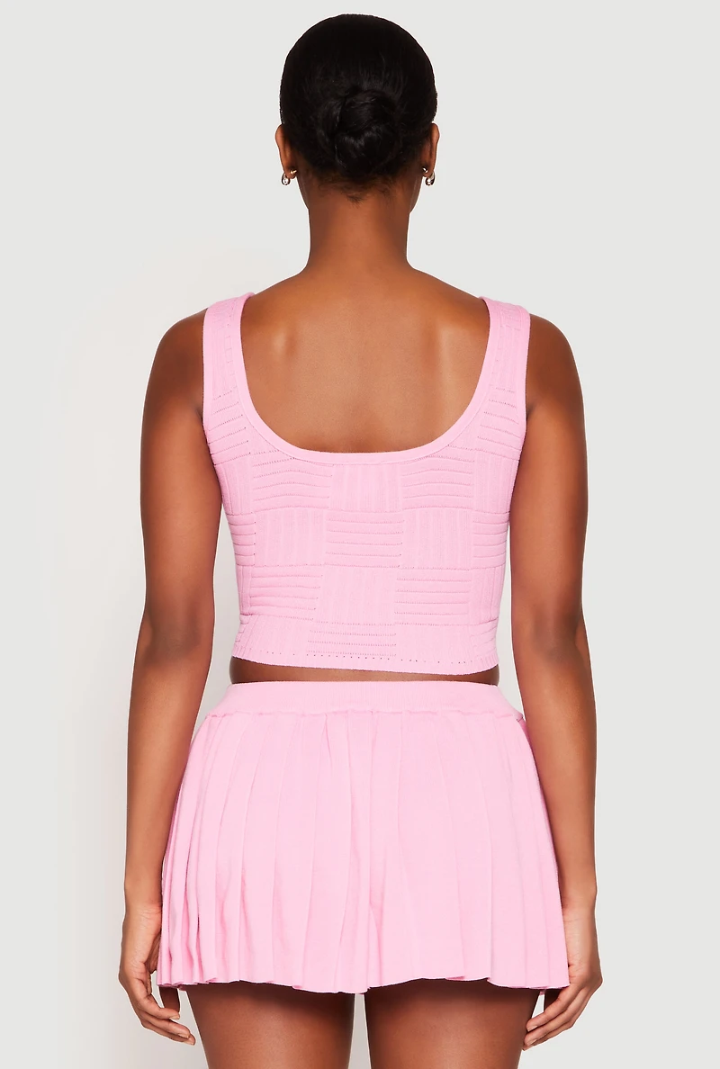 Womens Textured Knit Pointelle Lace Up Crop Top,