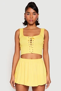 Womens Textured Knit Pointelle Lace Up Crop Top, Yellow,