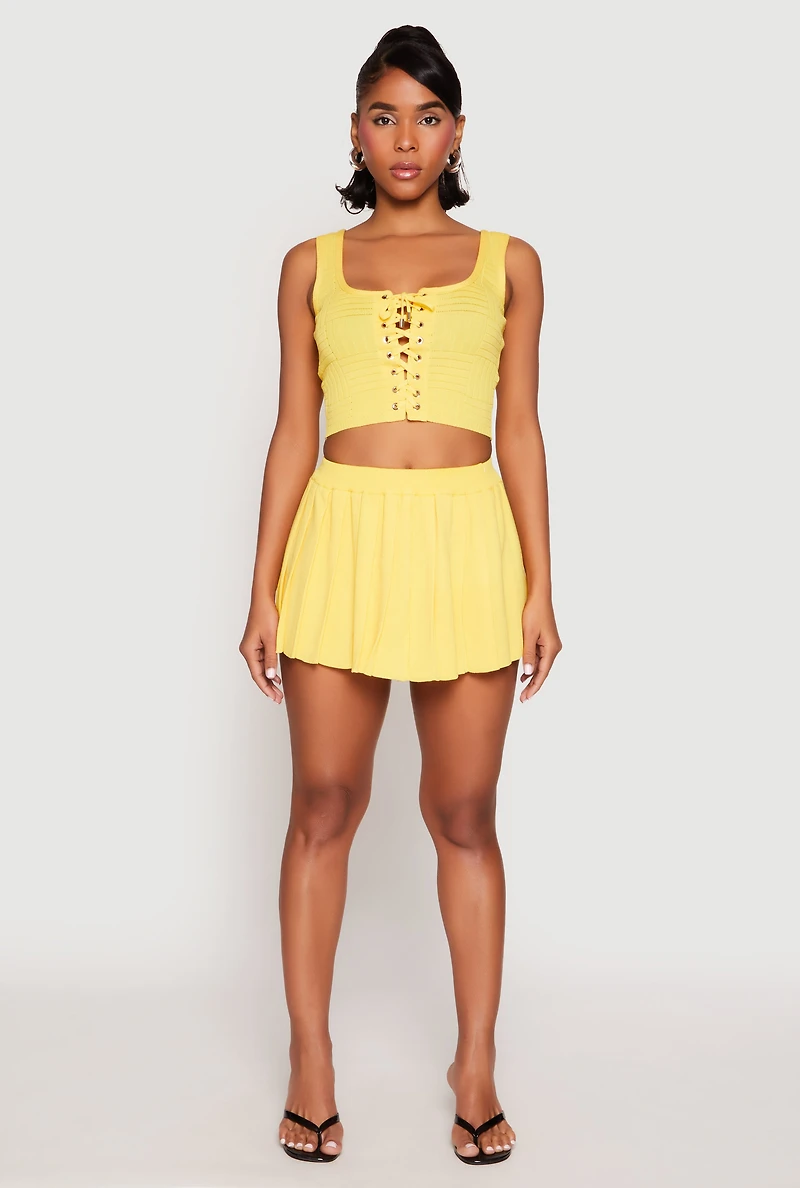 Womens Textured Knit Pointelle Lace Up Crop Top, Yellow,