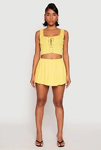Womens Textured Knit Pointelle Lace Up Crop Top, Yellow,