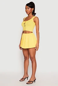 Womens Textured Knit Pointelle Lace Up Crop Top, Yellow,