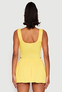 Womens Textured Knit Pointelle Lace Up Crop Top, Yellow,