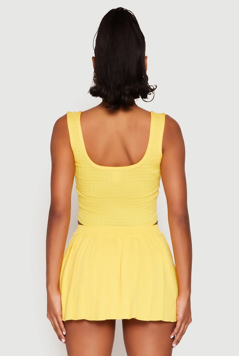Womens Textured Knit Pointelle Lace Up Crop Top, Yellow, Size S