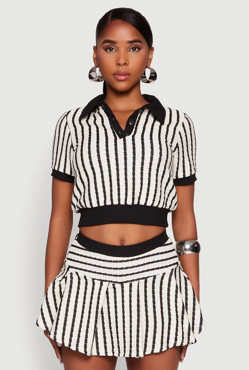 Womens Textured Knit Striped Polo Shirt,