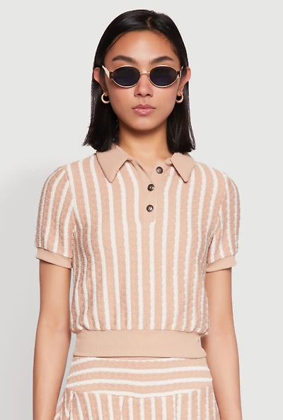 Womens Textured Knit Striped Polo Shirt,