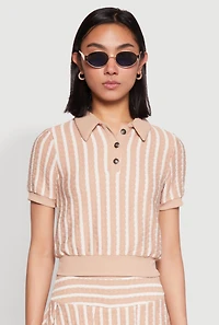 Womens Textured Knit Striped Polo Shirt,