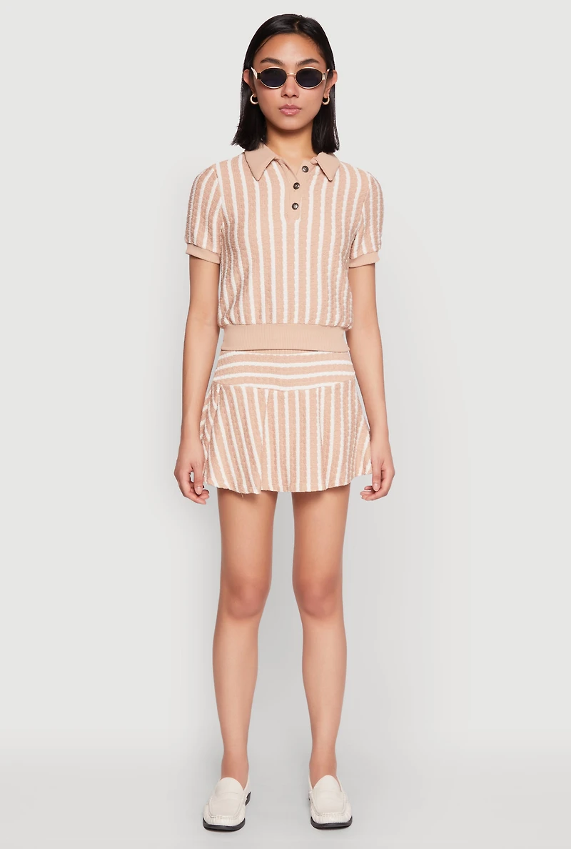 Womens Textured Knit Striped Polo Shirt, Beige, Size XL
