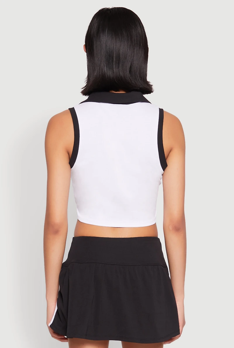 Womens Sleeveless Contrast Trim Polo Crop Top, White, Size L