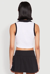 Womens Sleeveless Contrast Trim Polo Crop Top, White, Size L
