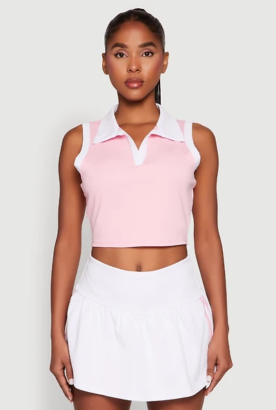 Womens Sleeveless Contrast Trim Polo Crop Top, Pink, Size M