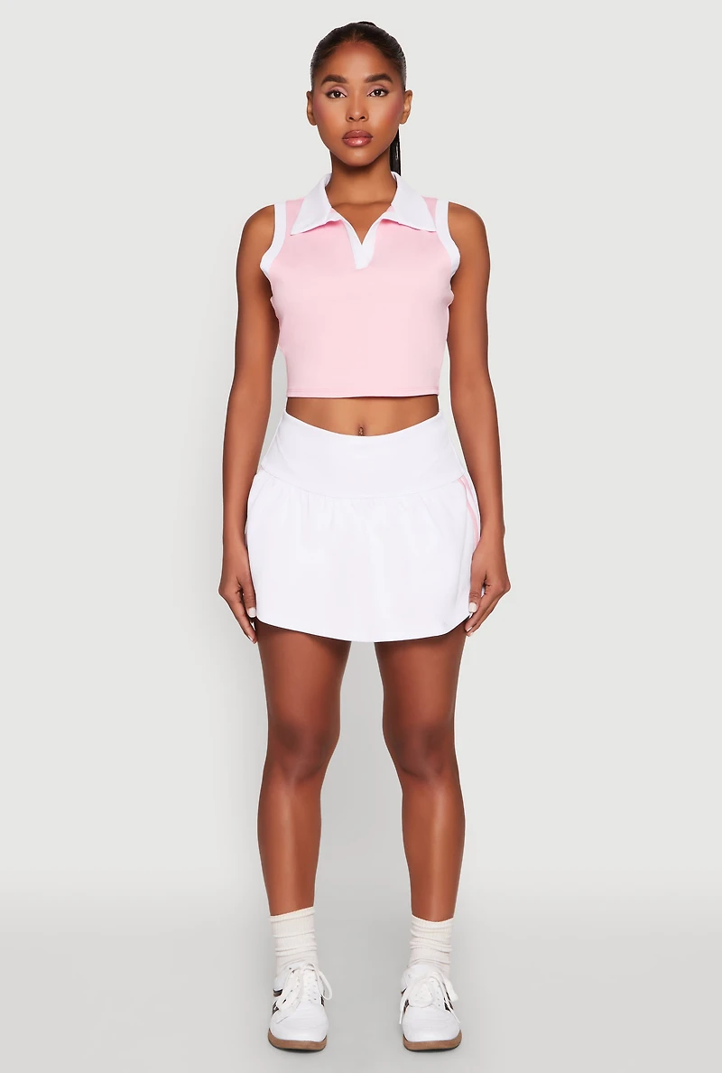 Womens Sleeveless Contrast Trim Polo Crop Top, Pink, Size M