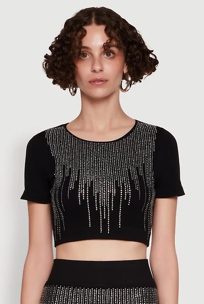 Womens Chic Rhinestone Ribbed Knit Short Sleeve Crew Neck Tee, M-L