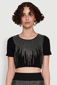 Womens Chic Rhinestone Ribbed Knit Short Sleeve Crew Neck Tee, M-L