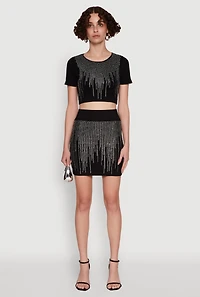 Womens Chic Rhinestone Ribbed Knit Short Sleeve Crew Neck Tee, M-L