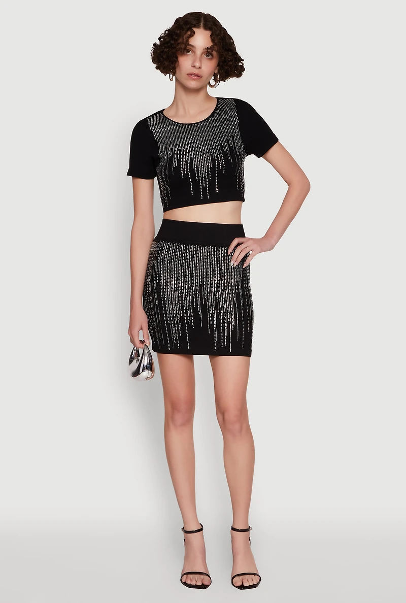Womens Chic Rhinestone Ribbed Knit Short Sleeve Crew Neck Tee, M-L