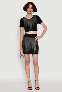 Womens Chic Rhinestone Ribbed Knit Short Sleeve Crew Neck Tee, M-L