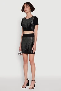 Womens Chic Rhinestone Ribbed Knit Short Sleeve Crew Neck Tee, M-L