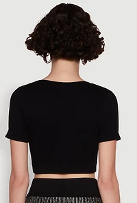 Womens Chic Rhinestone Ribbed Knit Short Sleeve Crew Neck Tee, M-L