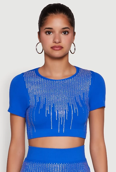 Womens Chic Rhinestone Ribbed Knit Short Sleeve Crew Neck Tee, Blue, Size S-M
