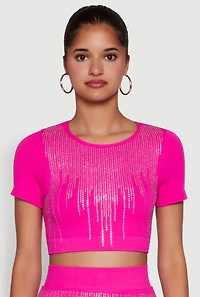 Womens Chic Rhinestone Ribbed Knit Short Sleeve Crew Neck Tee, Pink, Size S-M