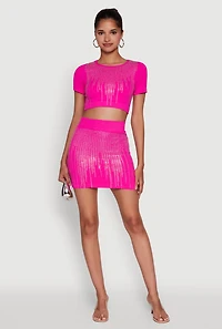 Womens Chic Rhinestone Ribbed Knit Short Sleeve Crew Neck Tee, Pink, Size S-M