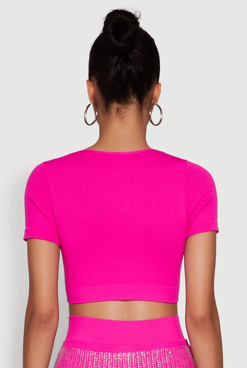 Womens Chic Rhinestone Ribbed Knit Short Sleeve Crew Neck Tee, Pink, Size S-M
