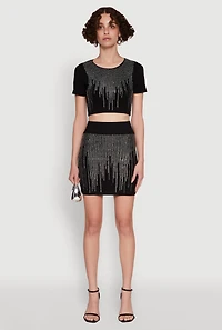 Womens Chic Rhinestone High Waisted Mini Pencil Skirt, Black, Size M-L