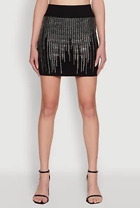 Womens Chic Rhinestone High Waisted Mini Pencil Skirt, Black, Size M-L