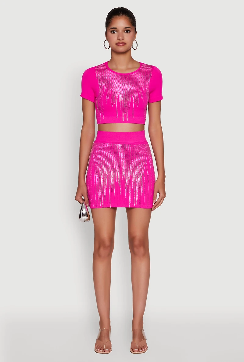 Womens Chic Rhinestone High Waisted Mini Pencil Skirt, Pink, Size S-M
