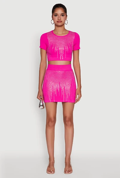 Womens Chic Rhinestone High Waisted Mini Pencil Skirt, Pink, Size S-M