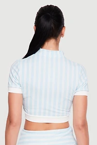Contrast Trim Striped Zip Front Crop Top
