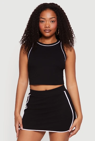 Ribbed Knit Contrast Trim Crop Tank Top