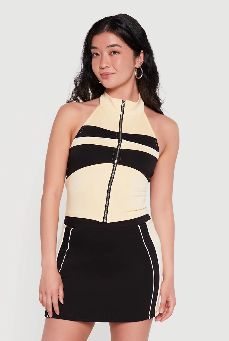 Color Blocked Detail Zip Front Halter Top