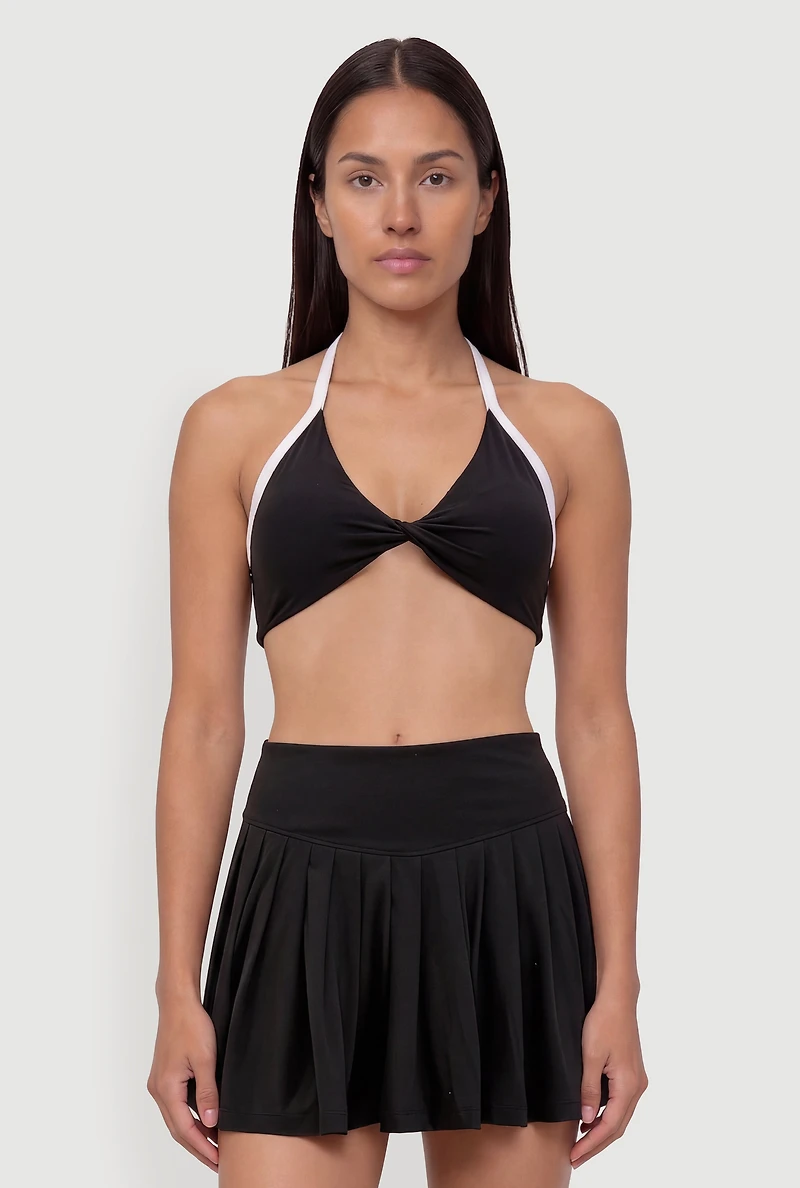 Twist Front Contrast Trim Halter Crop Top